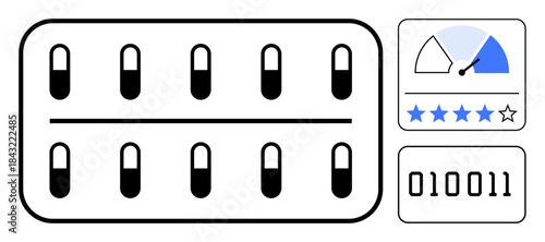 Medication theme. Capsule blister pack with a digital rating scale and binary code. s modern pharmaceutical analysis, medical ratings, and healthcare innovation. For healthcare, biotechnology, data