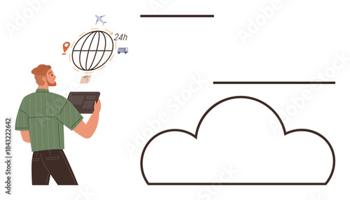 Man holds tablet with icons thumbs up globe, airplane, and cloud representing global connectivity and technology. Ideal for tech, communication, travel, logistics, global network, cloud services