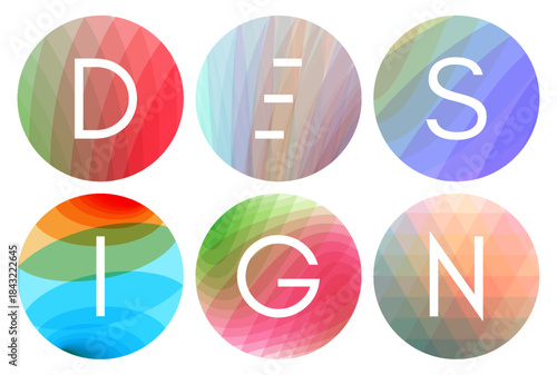 Set of translucent colored spheres. The word DESIGN. 3D vector illustration for brochure, poster, cover, card, presentation, flyer or banner.