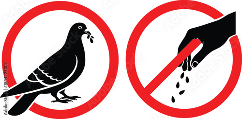 Vector illustration of red prohibition signs featuring black pigeon silhouette and hand dropping seeds indicating do not feed the birds warning for public parks