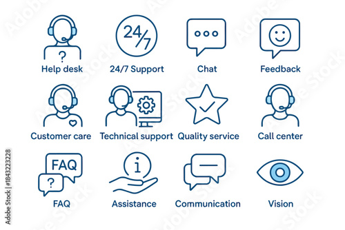 Customer Support and Help Desk Icons Line Vector Set