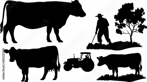 Collection of black silhouette icons representing farming life including cows a farmer a tractor and a tree