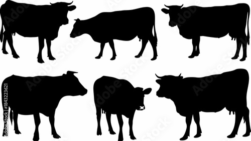 Collection of six distinct black cow silhouettes standing against a clean white background for farming design