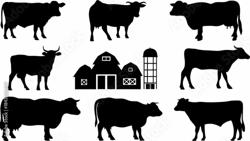 Collection of black silhouette icons featuring various cows and a classic barn structure with silo