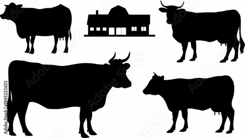 Collection of black silhouette farm animals including cows and a barn structure isolated on white background