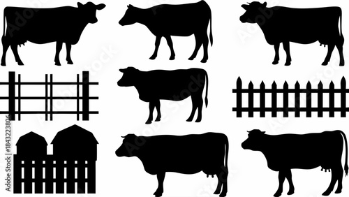 Collection of black silhouette icons representing cows fences and farm buildings for agricultural design projects