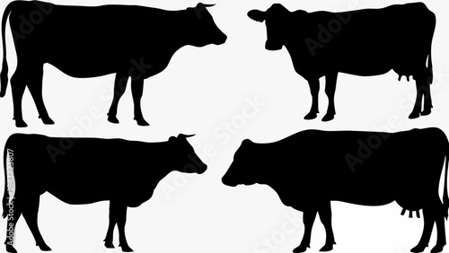 Four distinct black and white cow silhouettes arranged in a balanced composition for farm design elements