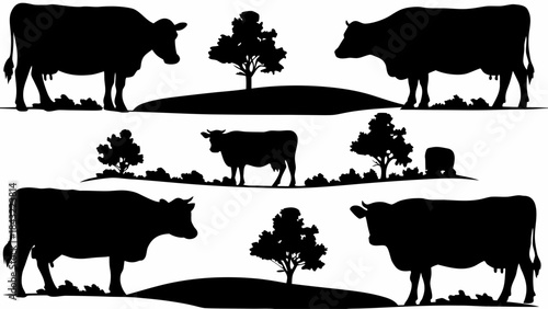 Collection of black and white cow silhouettes grazing peacefully in a stylized rural landscape setting