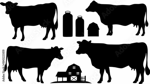 Collection of black silhouette icons representing dairy cows milk cans and a classic American barn structure