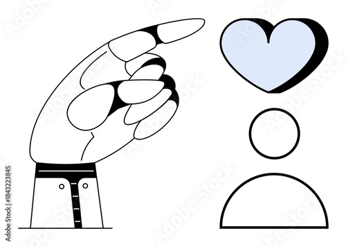 Emotion connection, personal relationships, love, communication, human interaction, guidance. Hand pointing at heart above abstract person. Emotion connection and personal relationships concept