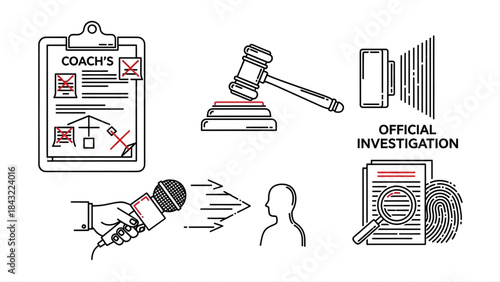 Conceptual outline of an official investigation detailing coaching scrutiny, legal proceedings, public media engagement, and comprehensive evidence review for accountability