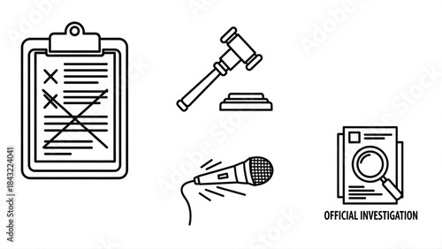 Legal Proceedings and Documentation A Collection of Icons Representing Justice, Investigation, and Public Speaking