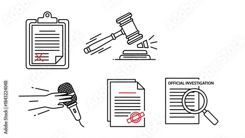 Legal concept illustrations gavel, document, microphone, and magnifying glass