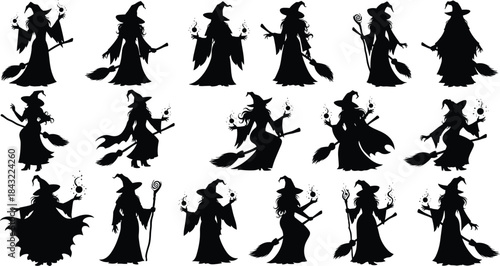 Title: Silhouette, witch, set, vector, illustration, collection, halloween, magic, broomstick, hat, spooky, cartoon, graphic, isolated, female, character, cad, drawing, flat, vector, illustration