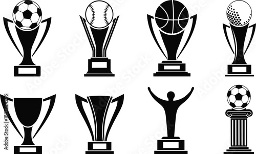 Sport trophy silhouette collection featuring soccer football baseball basketball golf awards, winner cup vector illustration set, black and white championship prize symbol, victory achievement