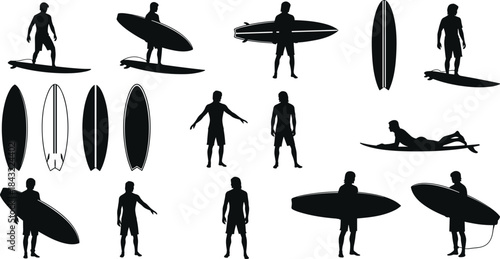 Surfer silhouette set, man holding surfboard, summer beach sport vector, isolated black figures, water activity illustration collection, standing and carrying board, graphic design bundle