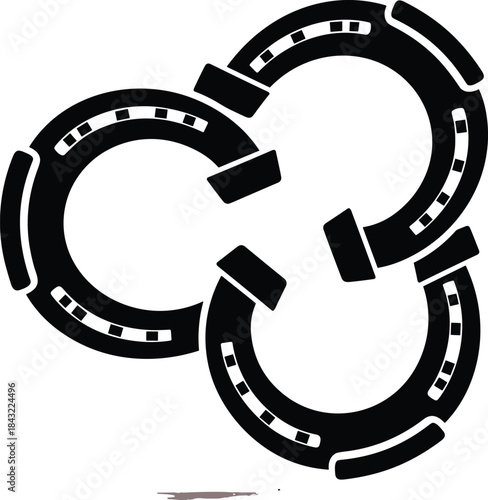 Three interlocking horseshoes logo vector illustration, black silhouette of lucky symbols arranged in a circle, western equestrian design element isolated on white background