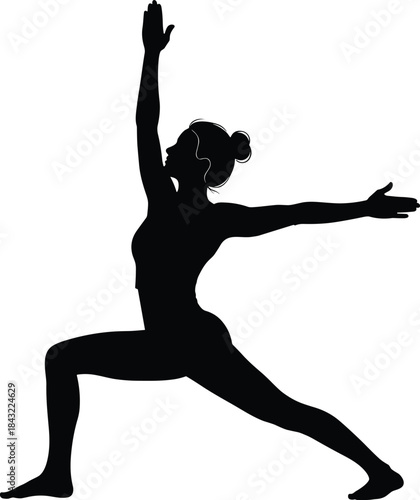 Silhouette of young woman practicing yoga warrior pose, black vector illustration of female fitness exercise, isolated figure stretching body for wellness and health concept
