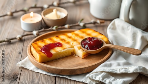 Traditional Finnish squeaky cheese known as leipäjuusto served warm with red berry jam on a wooden plate.