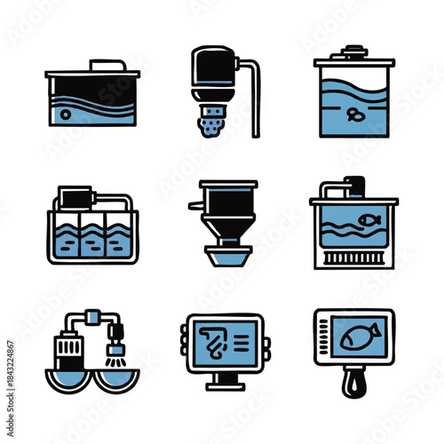 Set of Aquaponics and Fish Farming Vector Icons in Blue and Black