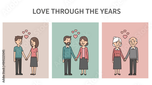 An endearing depiction of a couple s love through youth middle age and senior years flat vector art