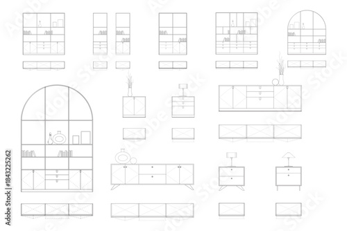 Collections  of Modern Furniture Elevation Drawings: Cabinets, Console, Nightstands, and Bookcases. 1