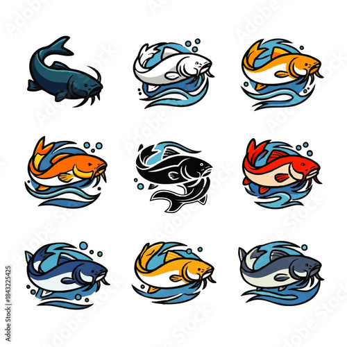 Colorful koi fish vector set with water splash elements