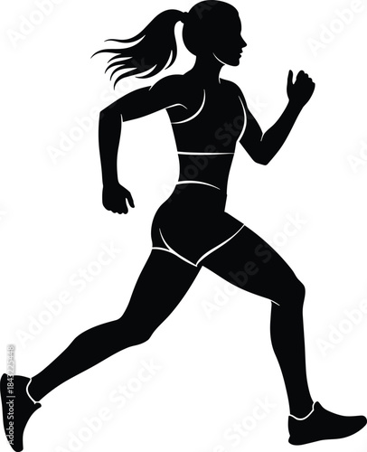 Side view silhouette of athletic woman running, female jogger in sportswear sprinting, black vector illustration isolated on white background for fitness and health concept