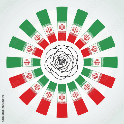A circular design featuring iranian flags arranged around a rose outline in the center.