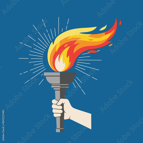 Hand holding a burning torch with flame and light rays on blue background. Symbol of hope.