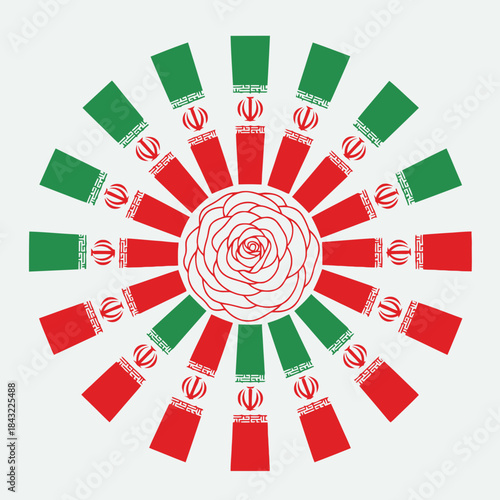 Stylized rose with iranian flag colors and emblem in a radial arrangement, vector design.