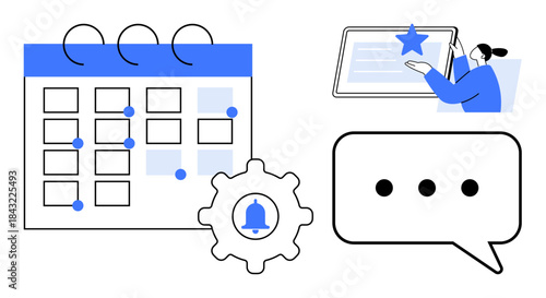Task scheduling, time management, productivity apps, online notifications, digital communication, workflow tools. Calendar with gear icon, speech bubble and person interacting with tablet. Time