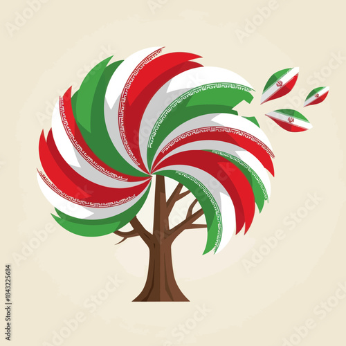Illustration of a tree with leaves patterned with the flag of iran. National symbol.