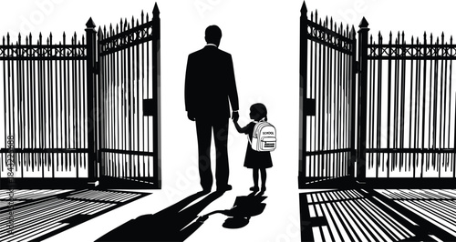 Silhouette of father holding hands with daughter wearing backpack walking through open gate, black and white vector illustration of parent taking child to school