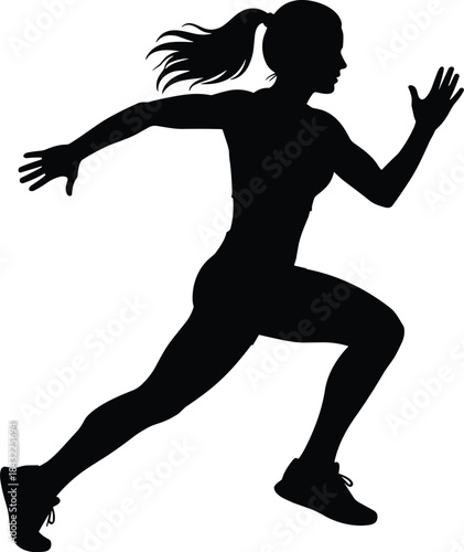 Silhouette of athletic woman running fast with ponytail, black vector illustration of female jogger sprinting, dynamic fitness sport concept isolated on white background