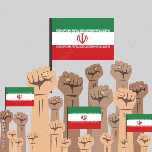 Group of raised fists holding iran flags. Symbol of protest and demonstration concept.