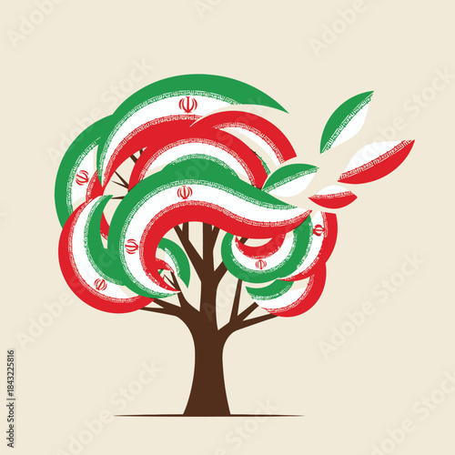 Stylized tree with leaves in the colors of the iran flag, some leaves falling off.