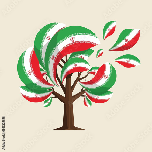 Stylized tree with leaves patterned with the flag of iran, conceptual national symbol.