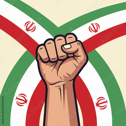 Raised fist in protest with the flag of iran. Symbol of strength and solidarity.
