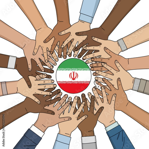 Diverse hands united around the flag of iran, symbolizing unity and collaboration.