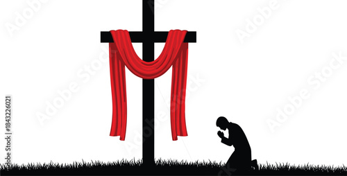 Silhouette of man kneeling in prayer before Christian cross with red cloth draped over it, religious concept for Good Friday, Easter, worship, and Christian faith