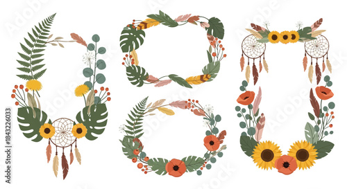 Boho Floral Frame Collection with Dreamcatchers and Tropical Leaves.