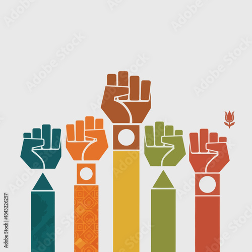 Diverse raised fists in solidarity, symbolizing unity, empowerment, and social justice causes.