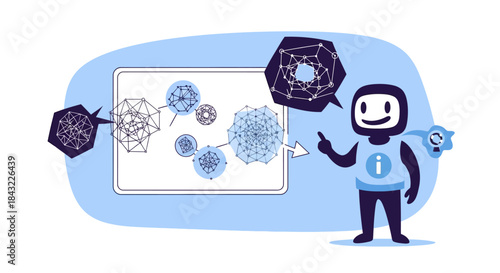 Cartoon Robot Explaining Complex Data Visualization with Connected Nodes.