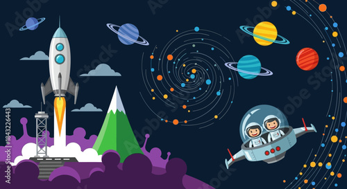 Cartoon Rocket Launching into Space with Astronauts and Planets.