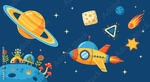 Cartoon Space Adventure with Rocket, Planet, and Alien Landscape.