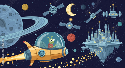 Cartoon Space Adventure with Rocket, Alien, Planets, Satellites, and Floating City.