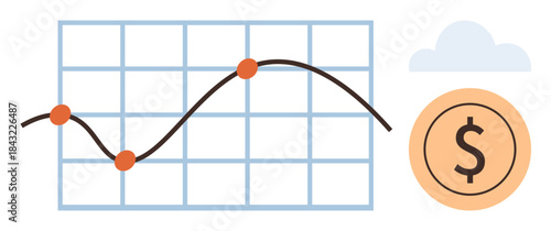 Line chart with trend points on a grid, dollar coin, and cloud. Ideal for finance, growth, analysis, strategy, savings market trends investment. Simple flat metaphor