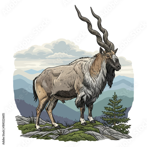 Wild Markhor goat standing majestically on a rocky mountain ledge with long spiraling horns.