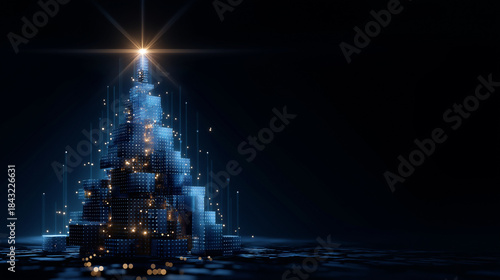 Digital Christmas Tree: A festive digital Christmas tree, formed by a constellation of data streams and illuminated by a bright star. A futuristic celebration of technology.